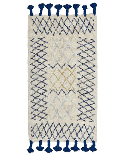 Beige Cotton Rug 80 X 150cm Hand Tufted Geometric Tassels With Cobalt Blue Accent