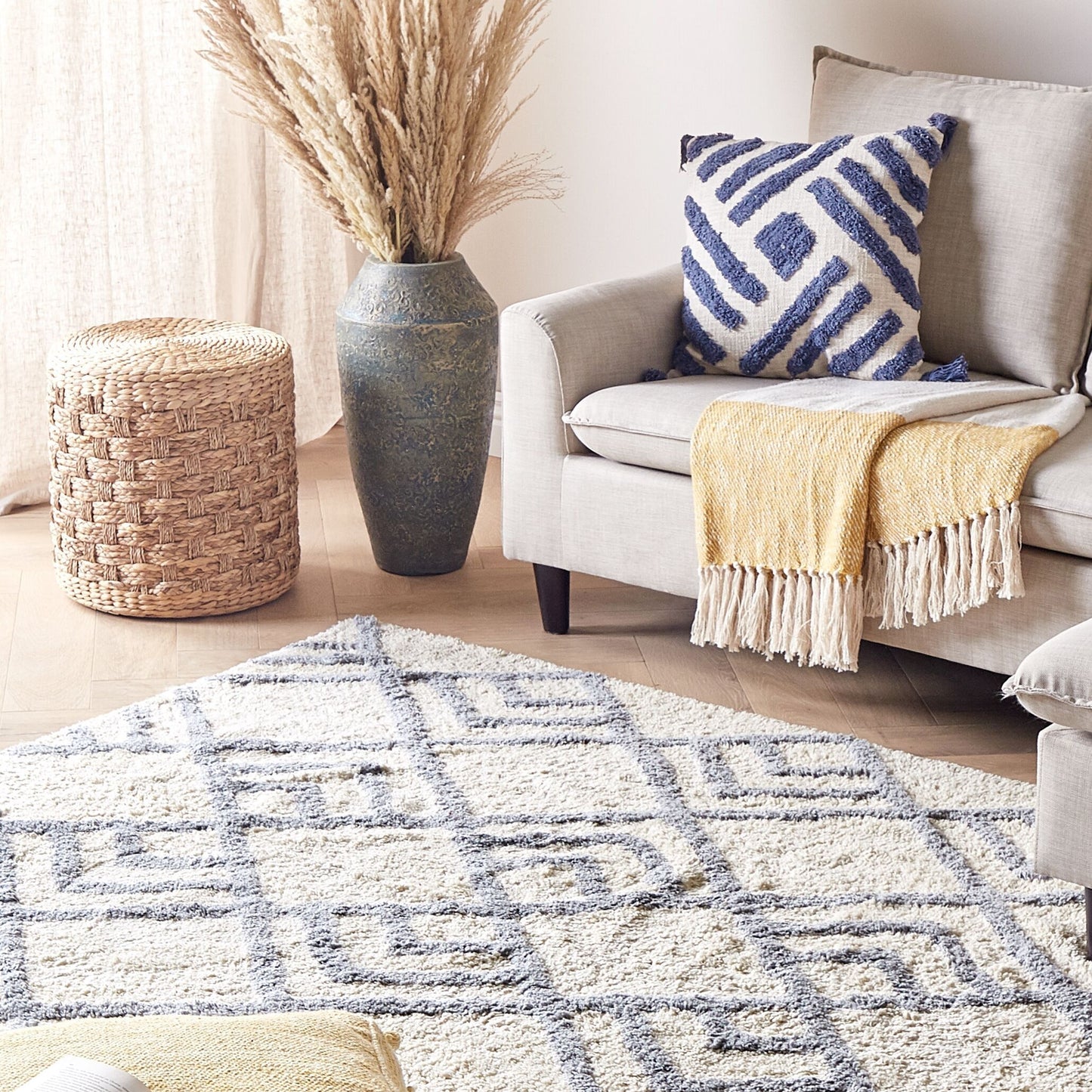 Beige Cotton Hand Tufted Rug 140 x 200cm Geometric Pattern