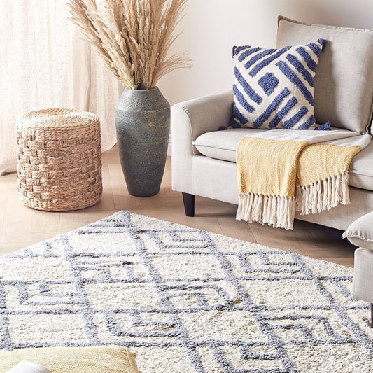 Beige Cotton Hand Tufted Rug 140 x 200cm Geometric Pattern