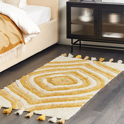 Hand Tufted Cotton Area Rug Beige And Yellow 80 X 150cm Tassel Edges Abstract Modern
