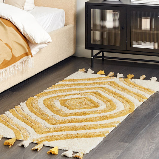 Hand Tufted Cotton Area Rug Beige And Yellow 80 X 150cm Tassel Edges Abstract Modern