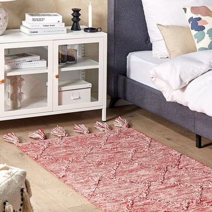 Area Rug Red Cotton 80 x 150 Thick Weave Tassels