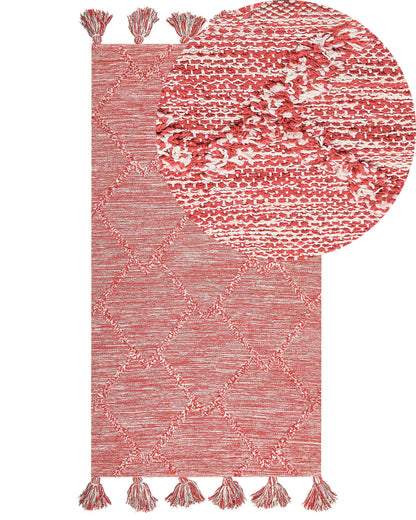 Area Rug Red Cotton 80 x 150 Thick Weave Tassels