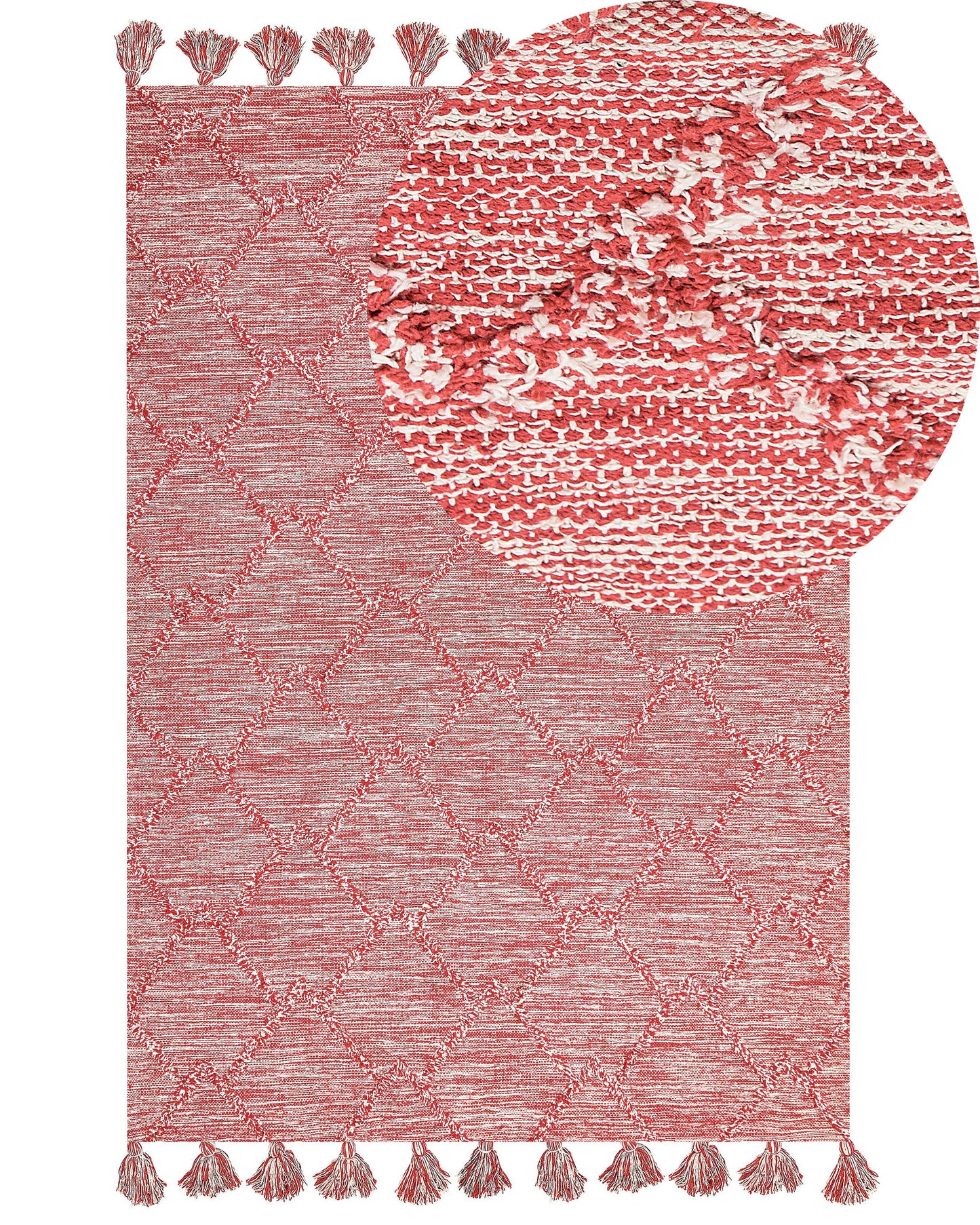 Cotton Area Rug 160 X 230cm Red and White Thick Weave With Decorative Tassels