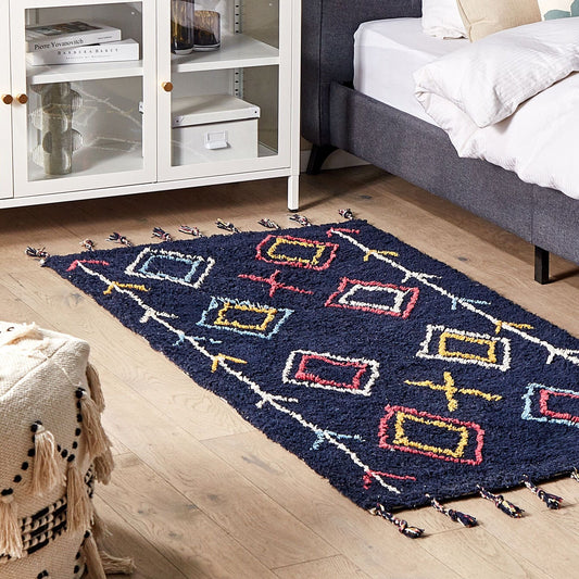 Geometric Tassel Cotton Rug 80 x 150cm Black Hand Tufted