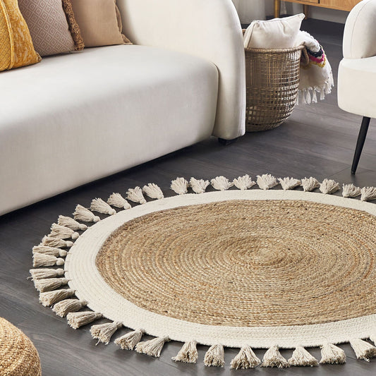 Round Beige Spiral Braided Rug 120cm Boho Rustic Natural Living Room Decor