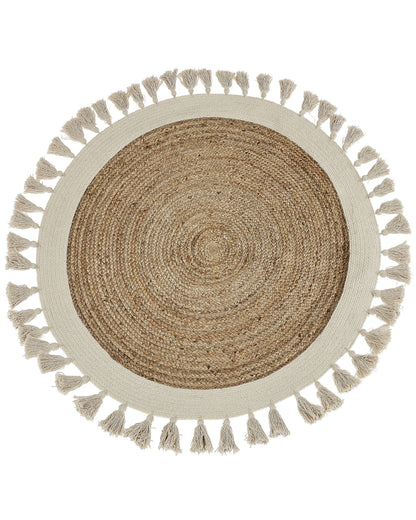 Round Beige Spiral Braided Rug 120cm Boho Rustic Natural Living Room Decor