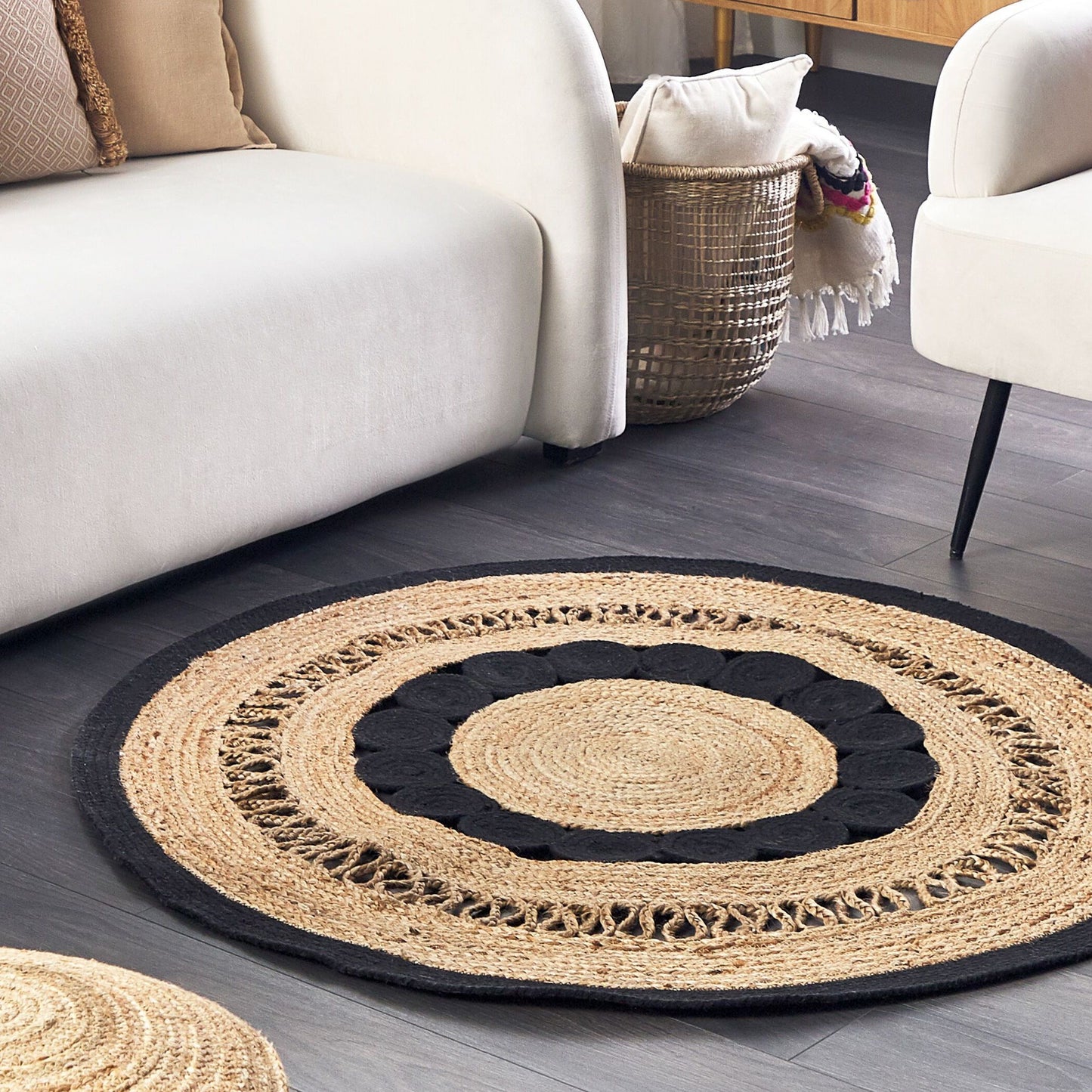 Name Jute Area Rug Round 120cm Beige Black Braided Natural Boho Rustic Living Room