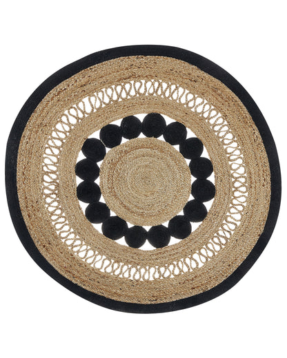 Name Jute Area Rug Round 120cm Beige Black Braided Natural Boho Rustic Living Room