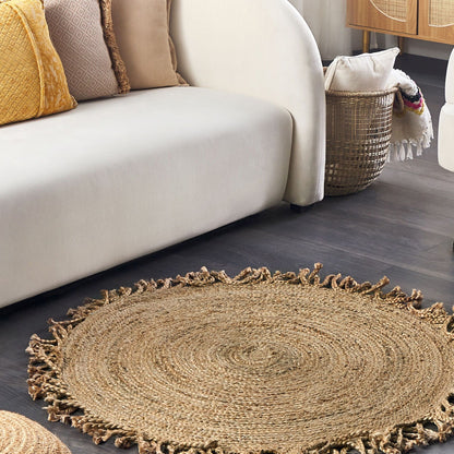 Jute Area Rug Beige Round 120cm Braided Natural Boho Rustic Living Room And Dining Room