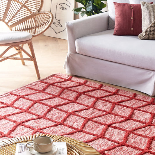 Area Rug Red Cotton 140 x 200 Hand Tufted Geometric