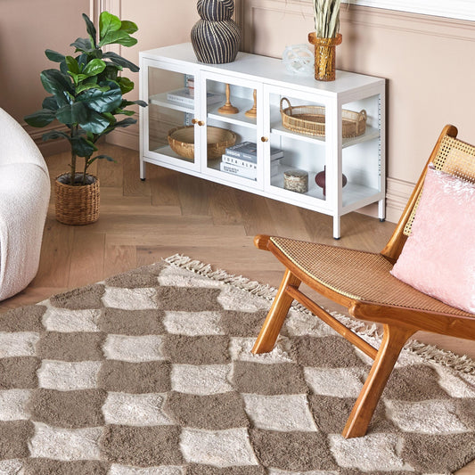 Boho Cotton Area Rug 140 x 200cm Brown Beige with Tassels Geometric Pattern
