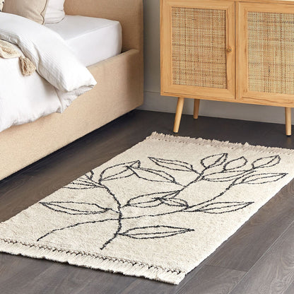 Area Rug Beige Black Cotton Tufted Floral Fringed 80 x 150