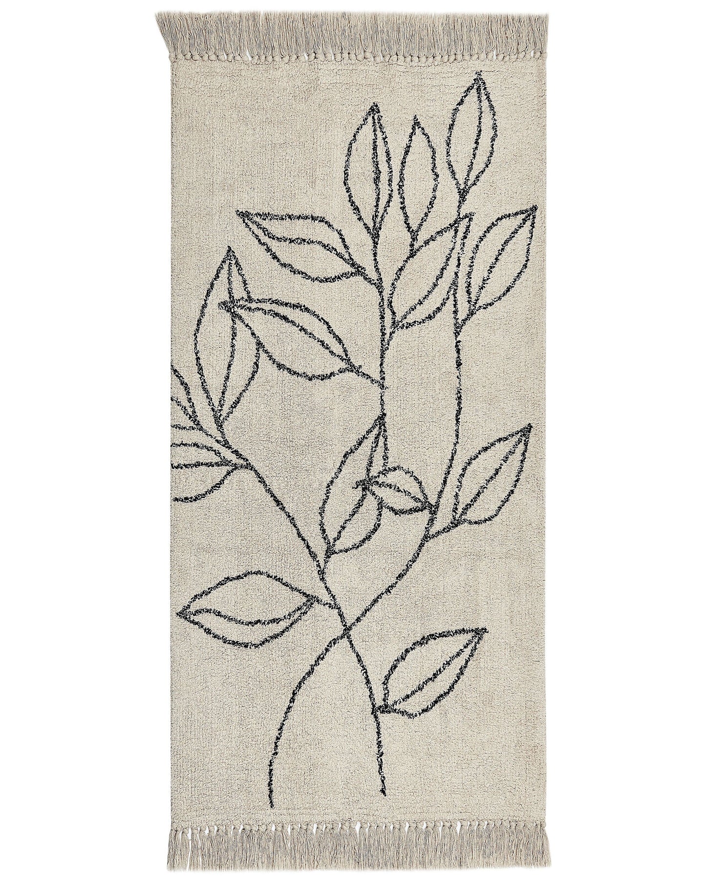 Area Rug Beige Black Cotton Tufted Floral Fringed 80 x 150