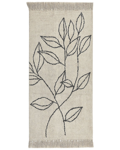 Area Rug Beige Black Cotton Tufted Floral Fringed 80 x 150