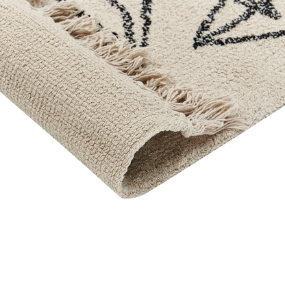 Area Rug Beige Black Cotton Tufted Floral Fringed 80 x 150