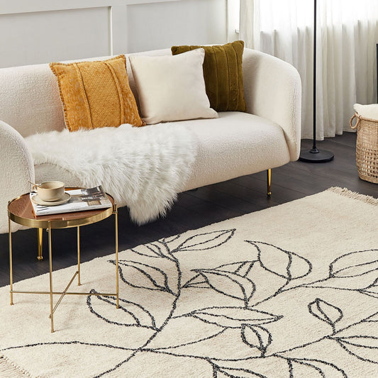 Area Rug Beige and Black Cotton 160 X 230cm Minimalistic Tufted Floral Pattern Fringed