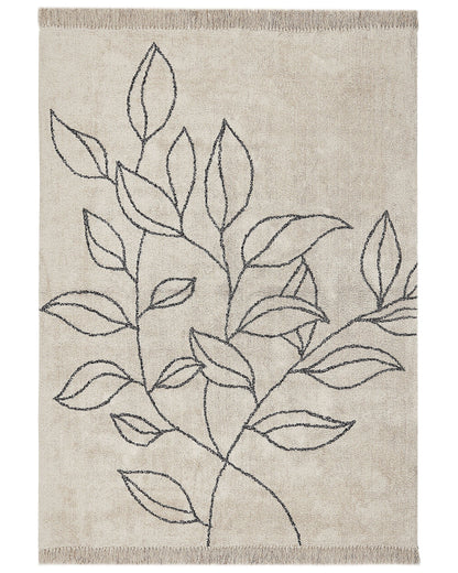 Area Rug Beige and Black Cotton 160 X 230cm Minimalistic Tufted Floral Pattern Fringed