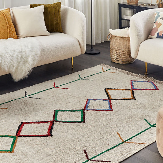 Geometric Pattern Area Rug Beige And Black Cotton 160 x 230cm Minimalist Tufted Fringed