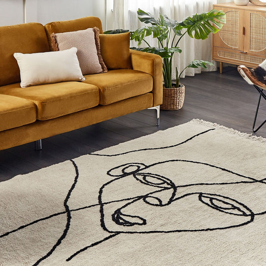 Area Rug Beige Black Cotton 160 x 230 Tassels Face Motif