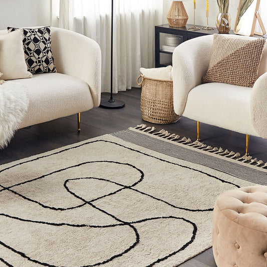 Cotton Rug Beige and Black 140 x 200 Abstract Tassels Modern