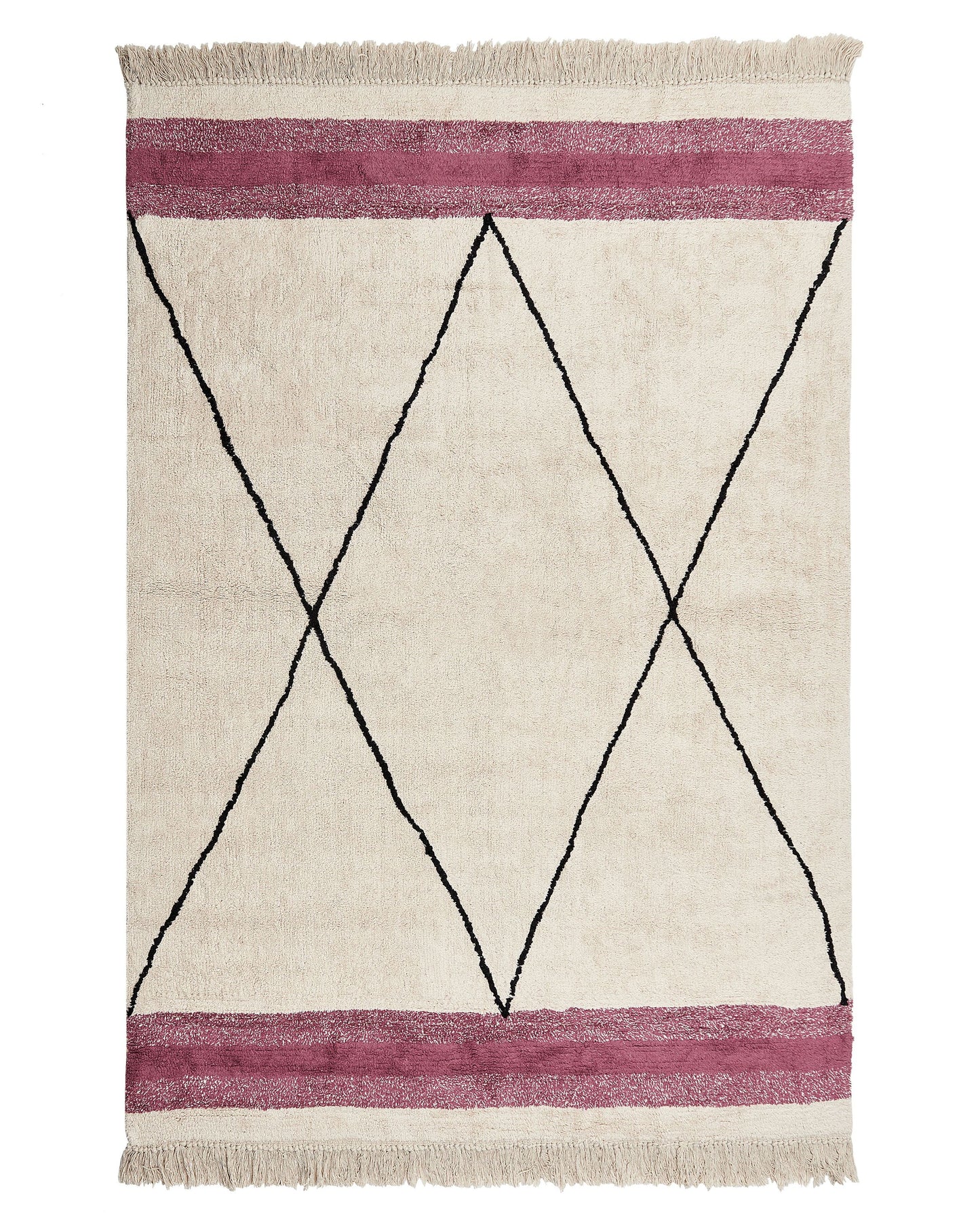 Boho Cotton Area Rug Beige Pink 140 x 200 With Tassels And Geometric Pattern