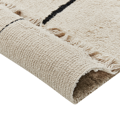 Area Rug Beige Black Cotton 160 x 230 Tassels Face Motif