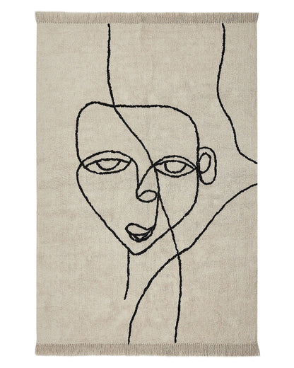 Area Rug Beige And Black Cotton 140 x 200cm Tasseled Face Motif Boho Modern
