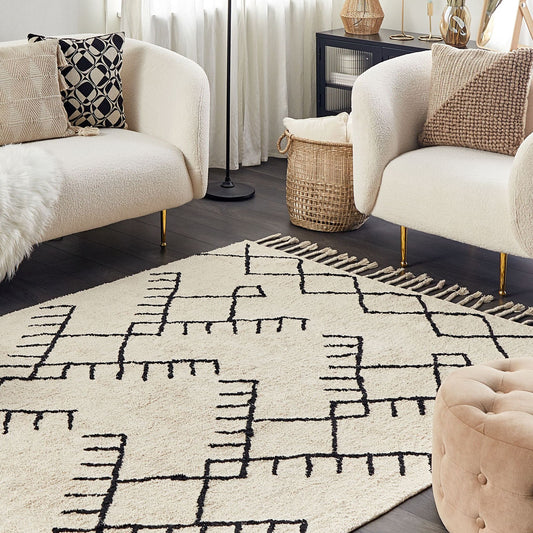 Cotton Area Rug 140 x 200cm Beige And Black Geometric Tassels Rectangular