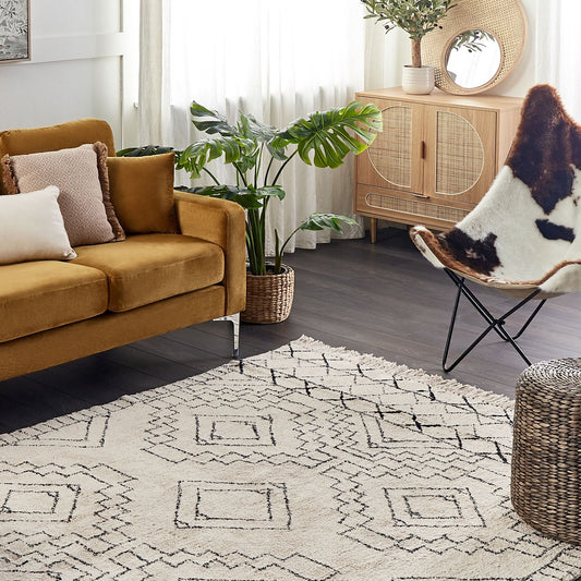Aztec Cotton Area Rug Beige Black 140 x 200 Low Pile Modern