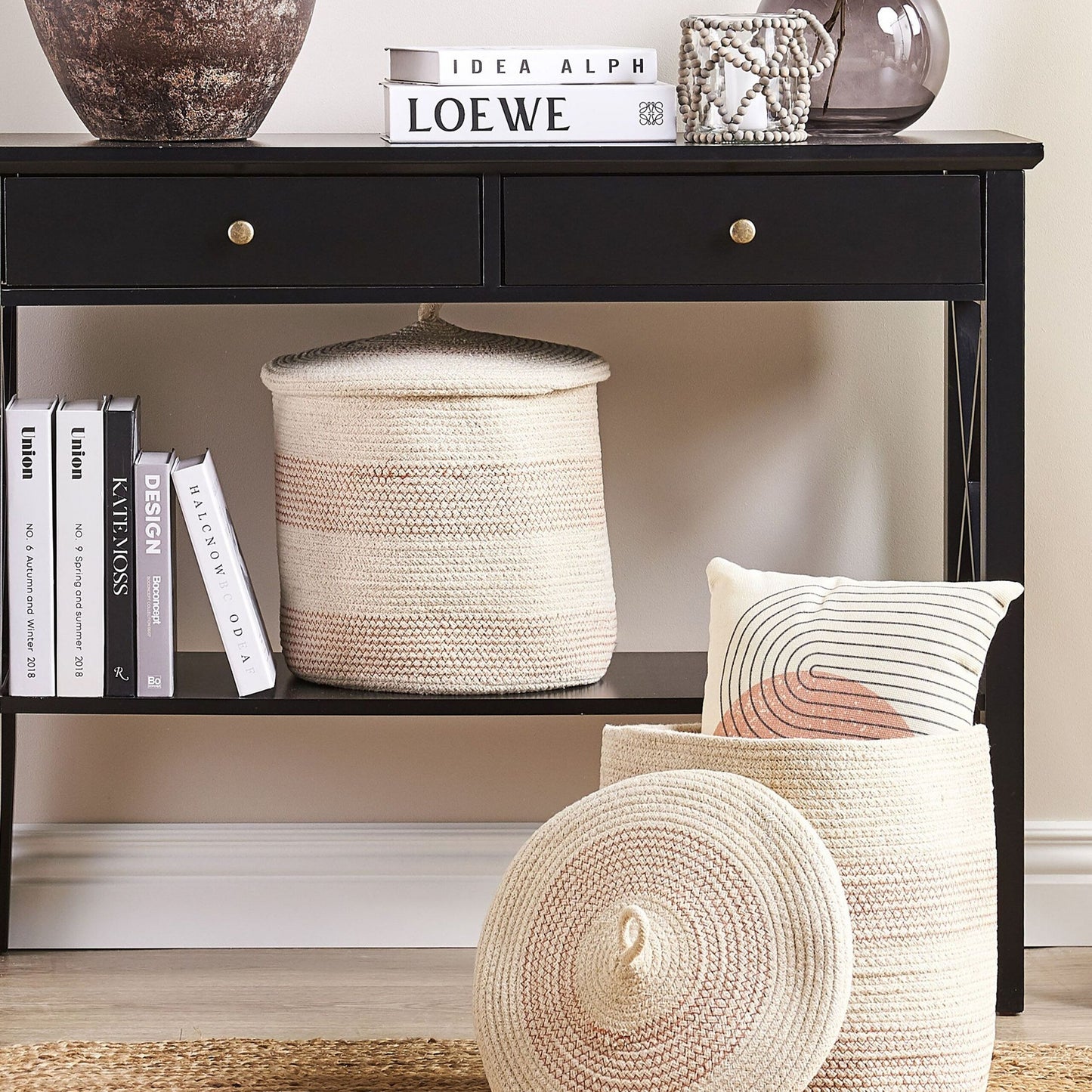 Set Of 2 Beige Pink Cotton Striped Storage Baskets With Lids