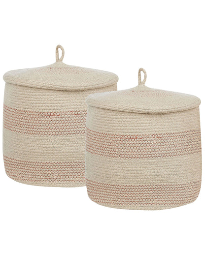 Set Of 2 Beige Pink Cotton Striped Storage Baskets With Lids