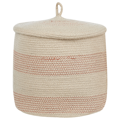 Set Of 2 Beige Pink Cotton Striped Storage Baskets With Lids