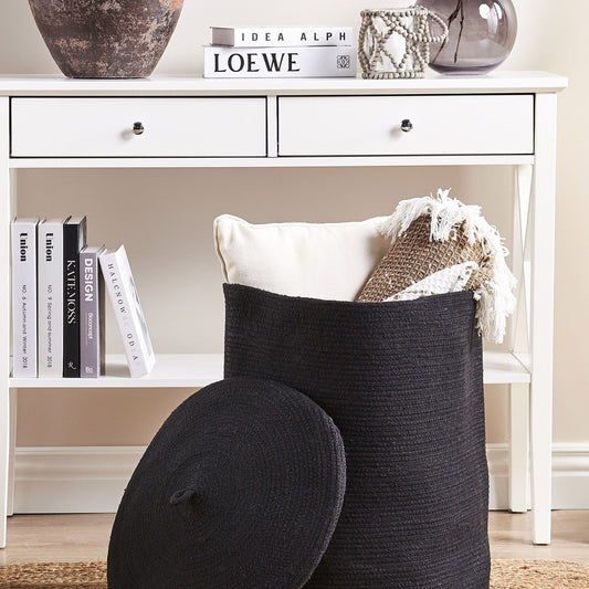 Black Cotton Storage Basket With Lid Laundry Bin For Boho Home Organization