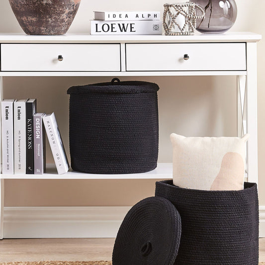 Boho Storage Baskets Set of 2 Black Cotton with Lid