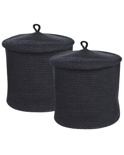 Boho Storage Baskets Set of 2 Black Cotton with Lid