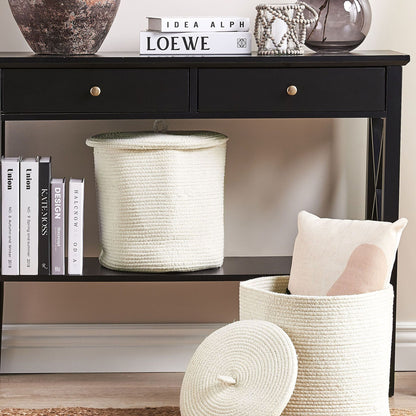 Set Of 2 Storage Baskets With Lid Off White Cotton Striped