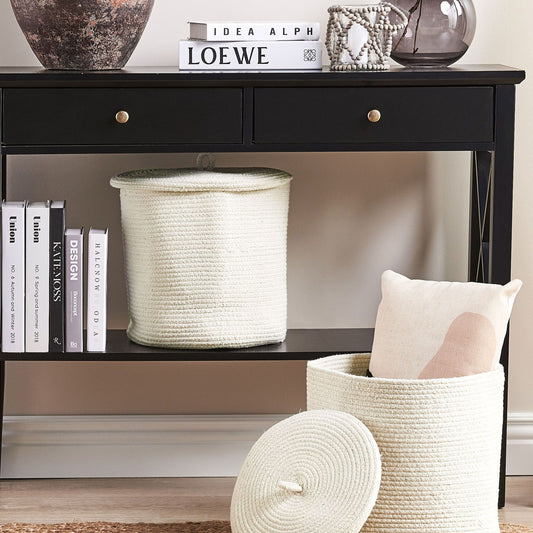 Set Of 2 Storage Baskets With Lid Off White Cotton Striped