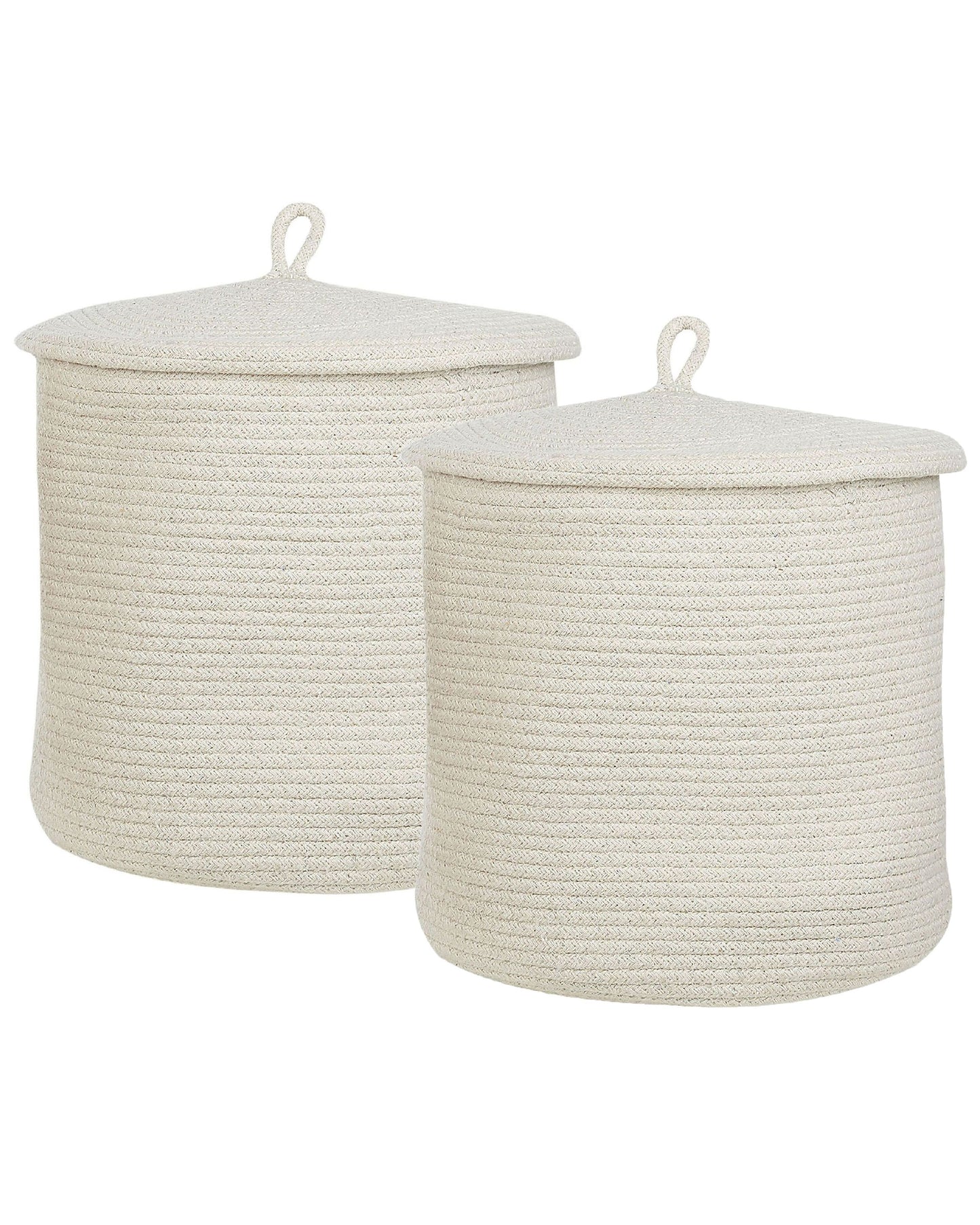 Set Of 2 Storage Baskets With Lid Off White Cotton Striped