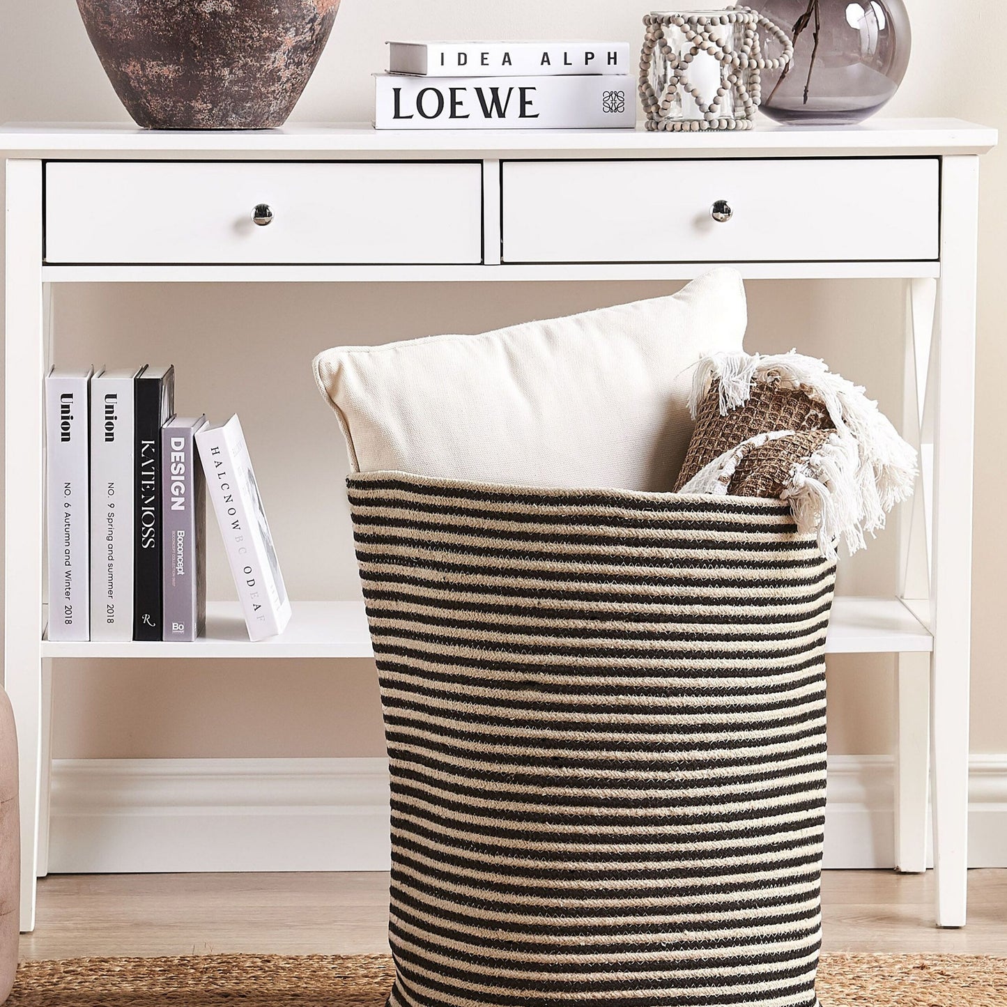 Storage Basket Beige And Black Cotton Striped Laundry Bin Large Capacity