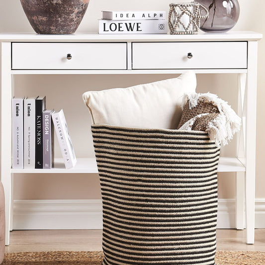 Storage Basket Beige And Black Cotton Striped Laundry Bin Large Capacity