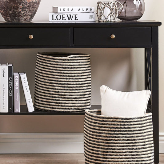 Set Of 2 Storage Baskets Beige And Black Cotton Striped