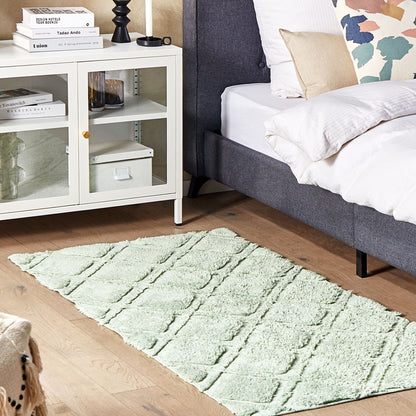 Green Cotton Area Rug 80 By 150cm Hand Tufted Geometric Shaggy Design Pattern
