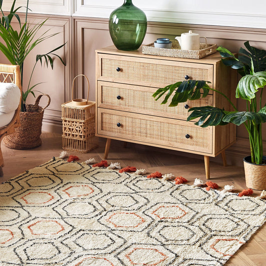 Rug 160 x 230cm Tufted Cotton Geometric Beige Orange Tassels