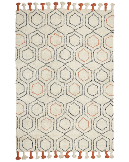 Rug 160 x 230cm Tufted Cotton Geometric Beige Orange Tassels