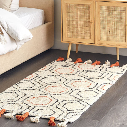 Boho Living Geometric Cotton Area Rug Beige Orange 80 x 150 Hand Tufted