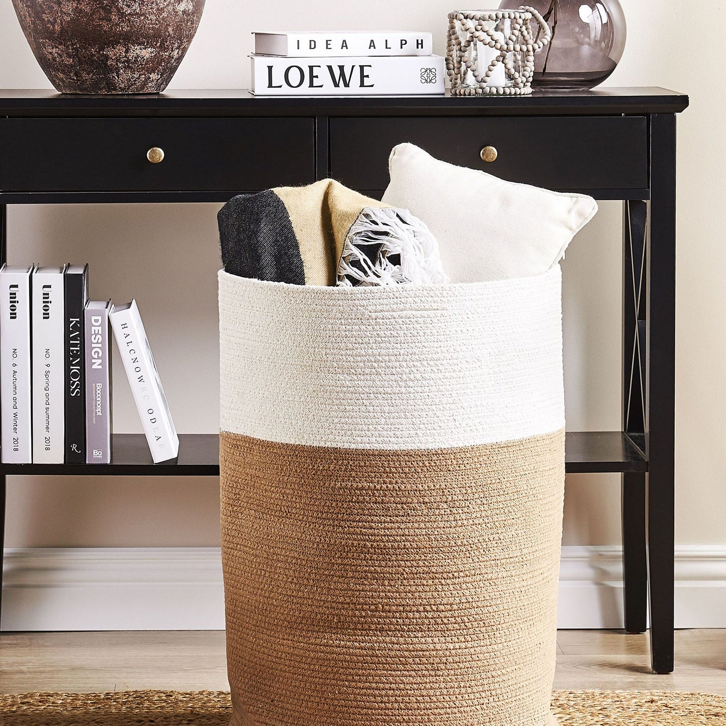 Storage Basket Braided Beige White Hamper