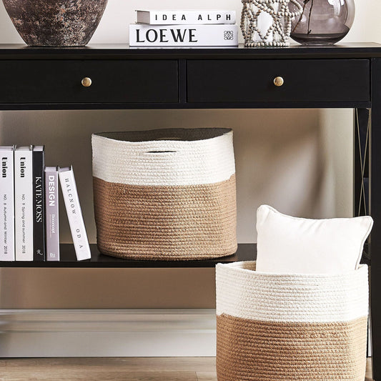 Set Of 2 Cotton Braided Storage Baskets Beige And White Laundry Hamper Fabric Bin