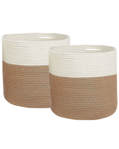 Set Of 2 Cotton Braided Storage Baskets Beige And White Laundry Hamper Fabric Bin