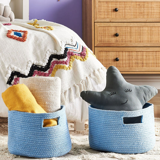 Blue Braided Cotton Rope Storage Baskets 2 Pack Handles
